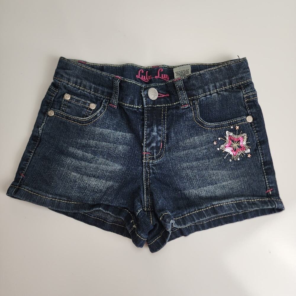 Lulu-Luv Brand Denim Adjustable Waist Jean Shorts w/ Pink Sparkles Girl's Size 8